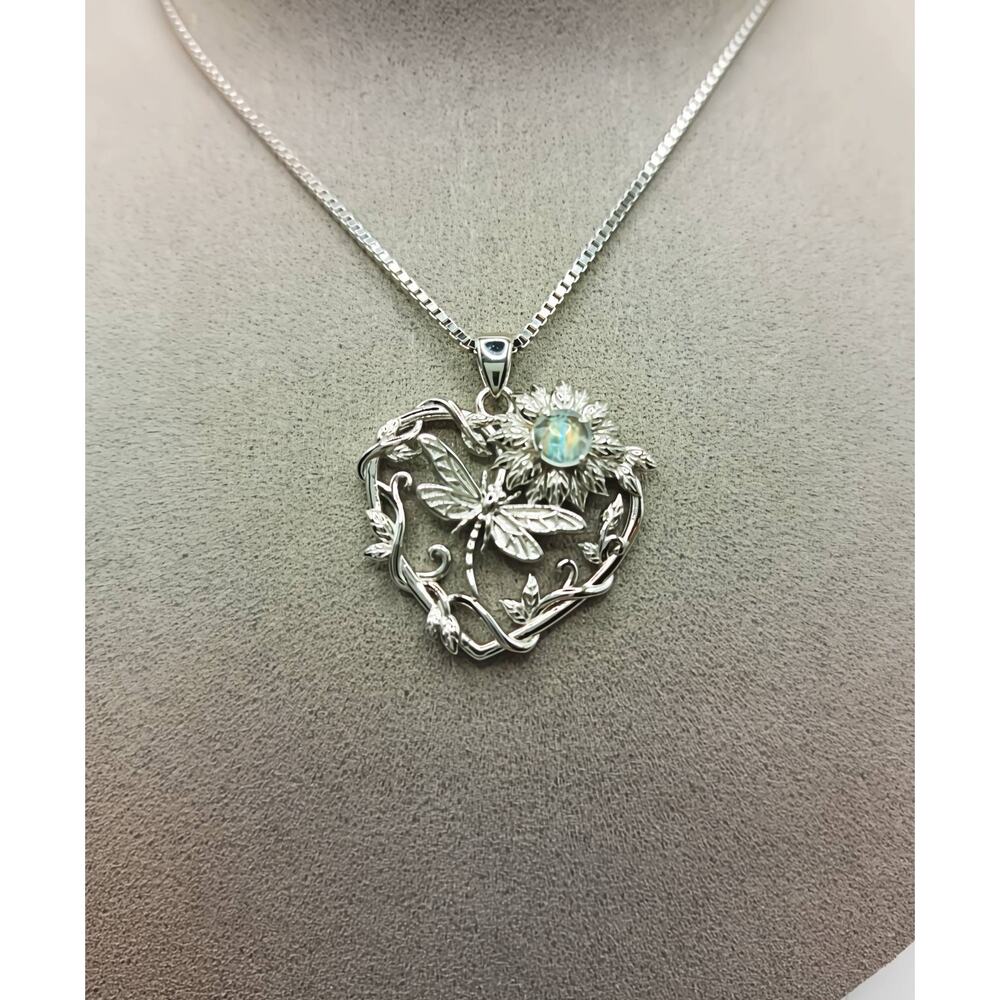 Sterling Silver Moonstone Heart Dragonfly Sunflower Necklace